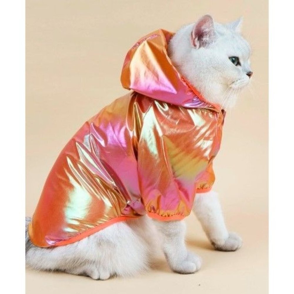 Pet Coat Hooded XS OR S Laser Holographic Neon Orange Cat Dog Choose Size